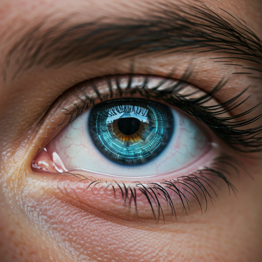 Close up of a curious person's eye reflecting a glowing blue holographic display