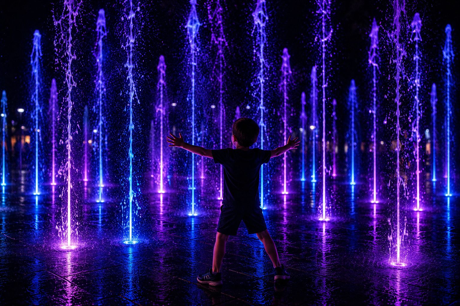 Enfant s'amusant dans les fontaines interactives de H₂Origin en journée à Centropolis Laval