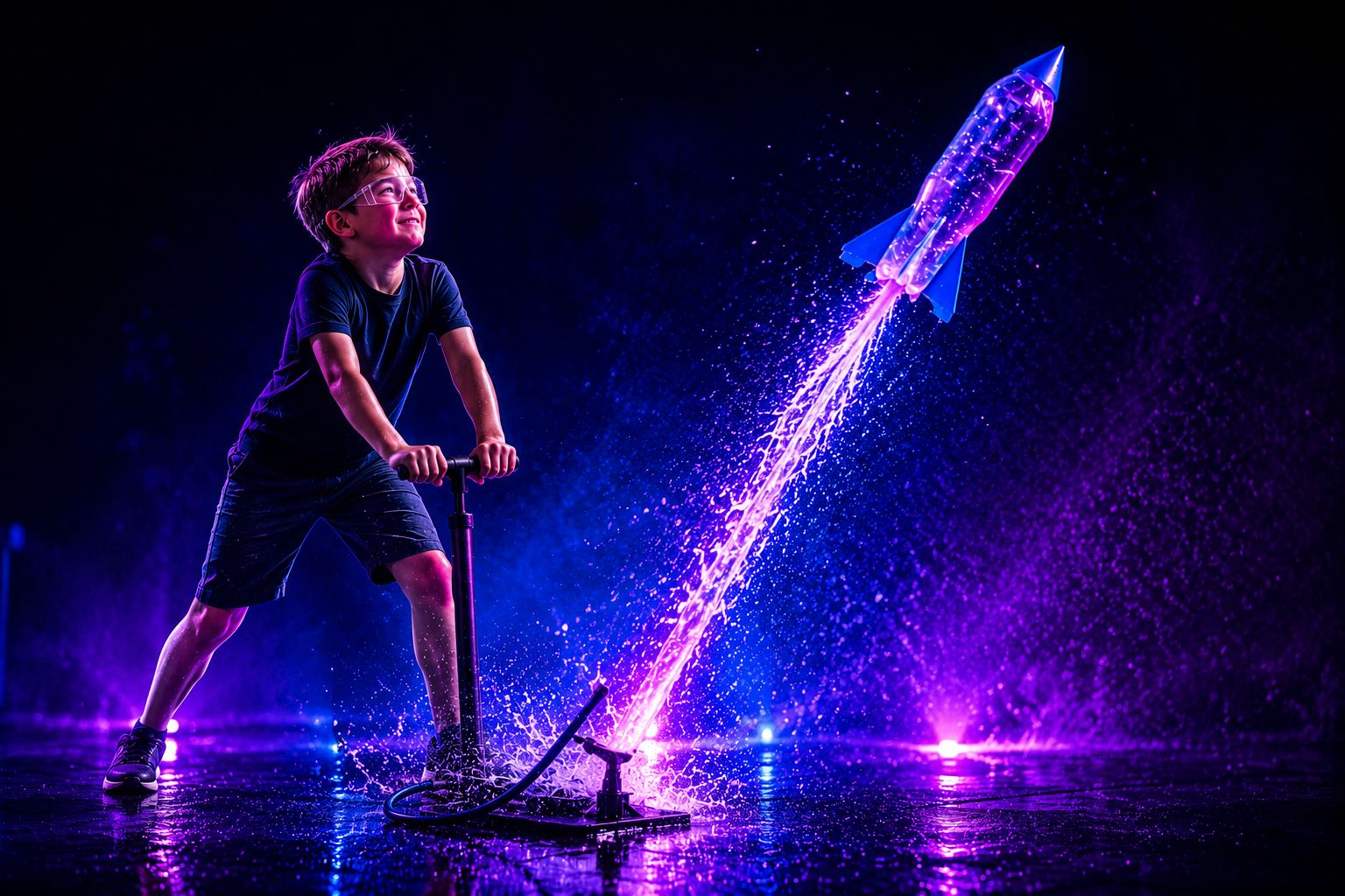 Enfant lançant une fusée à eau illuminée par des lasers à H₂Origin pour un anniversaire