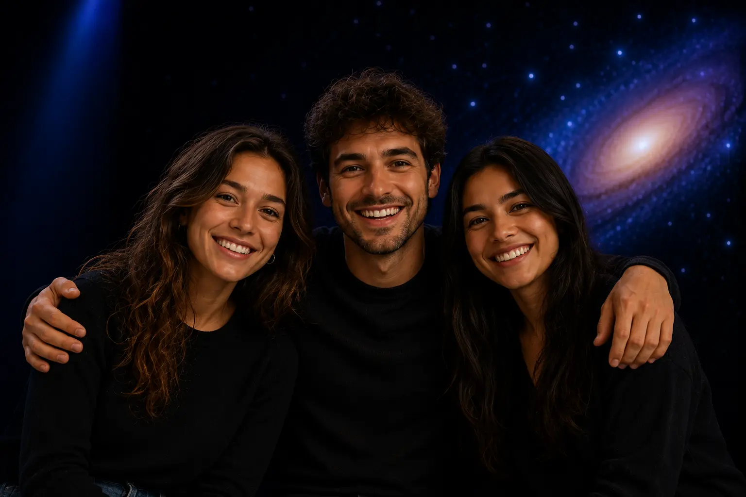 Group of young adults posing for a photo in a neon-lit futuristic corridor, stylish urban look