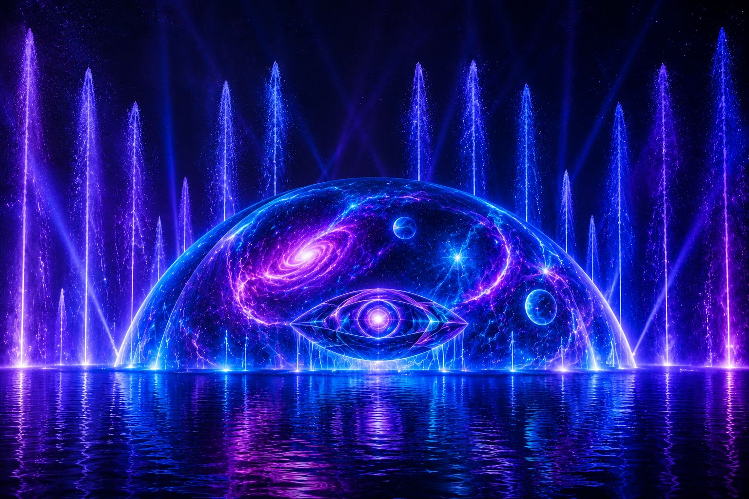 Cinematic wide shot of a futuristic underwater habitat with glowing neon cyan lights and deep blue water reflections, high-end editorial style