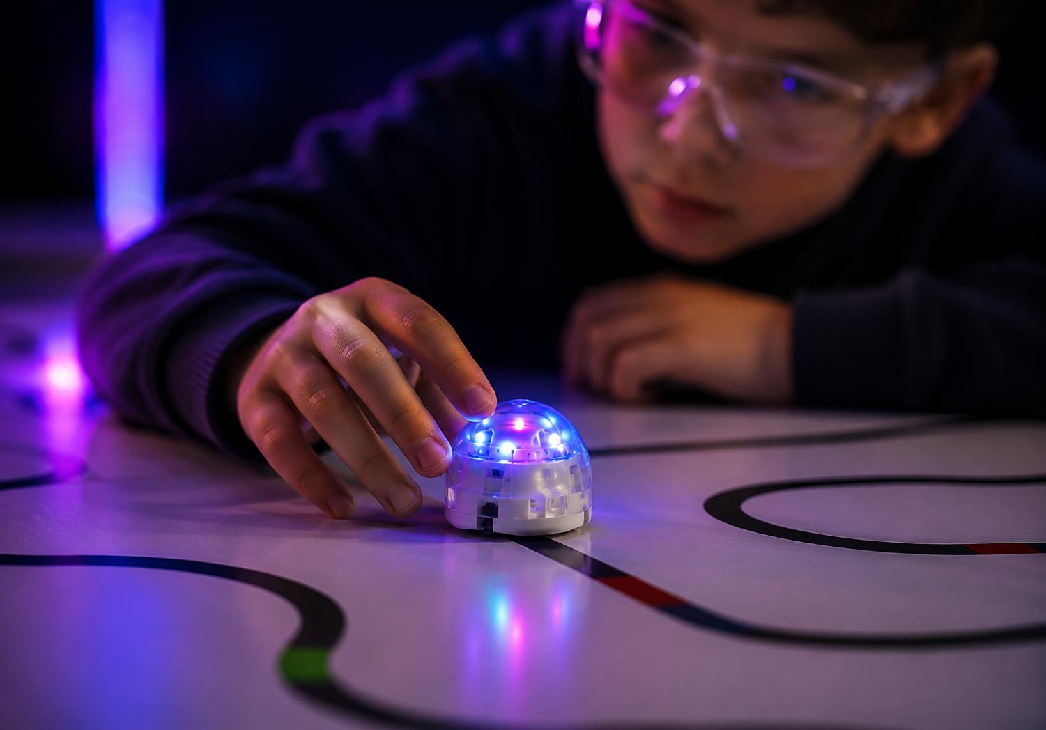 Enfant manipulant un robot Ozobot lors d'une activité scientifique ludique à Laval