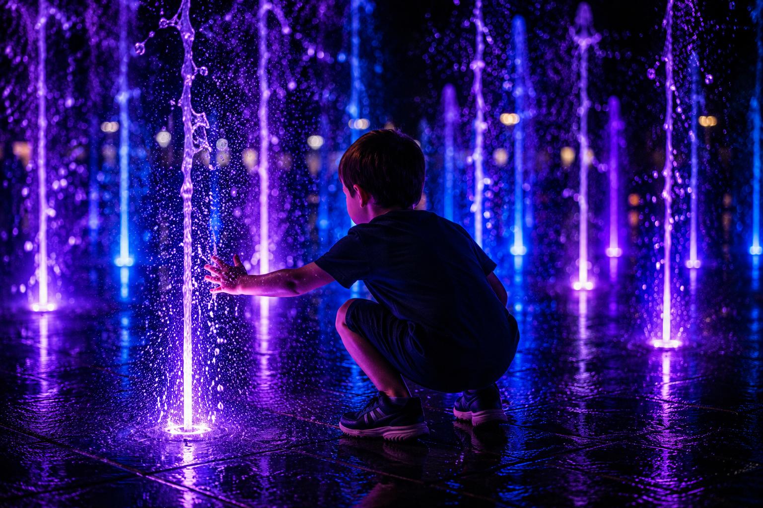 Interactive digital water floor reacting to footsteps with bright blue ripples and light particles, children playing