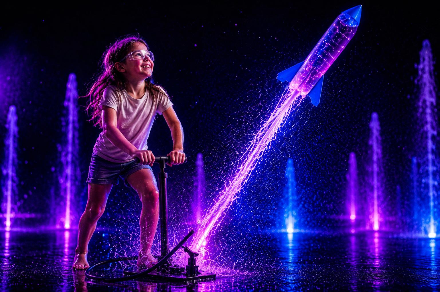 Enfant sur un engin de fusée à eau illuminé par des lasers lors de l'expérience immersive H₂Origin à Laval