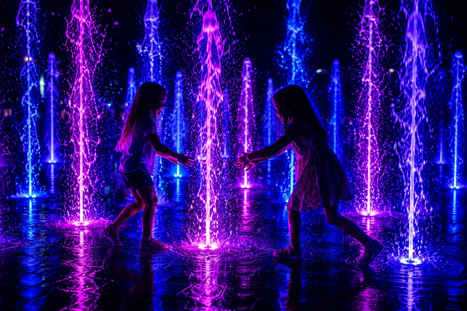 Zen relaxation area with soft mist, comfortable glowing seating, and ambient watery reflections on walls
