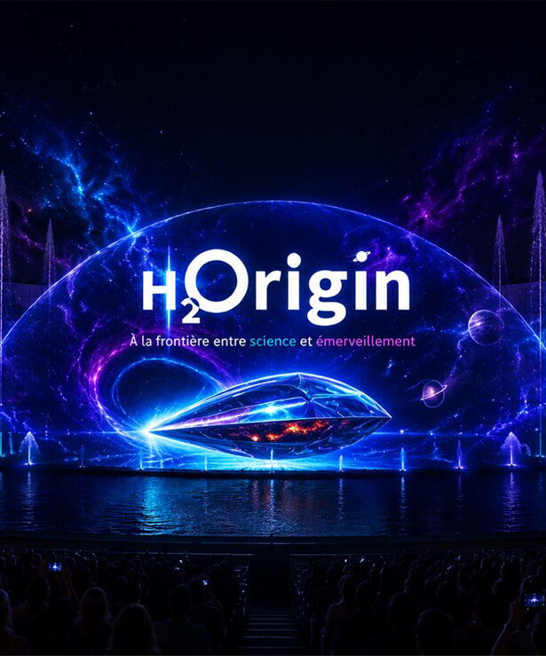 Lasers à travers un rideau d’eau – spectacle Origin à Laval