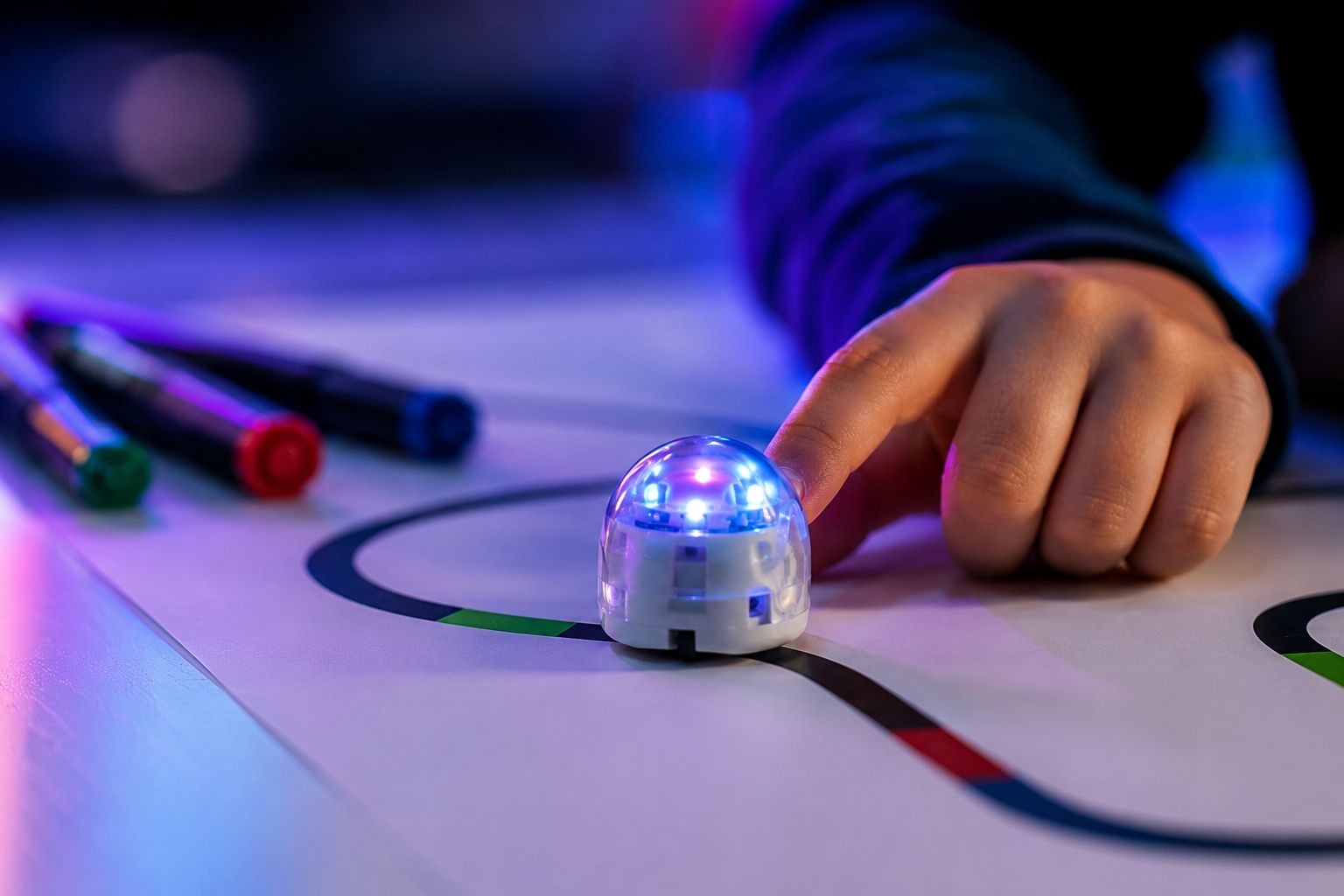 Enfant programmant un robot Ozobot lors d'une activité scientifique pour enfants